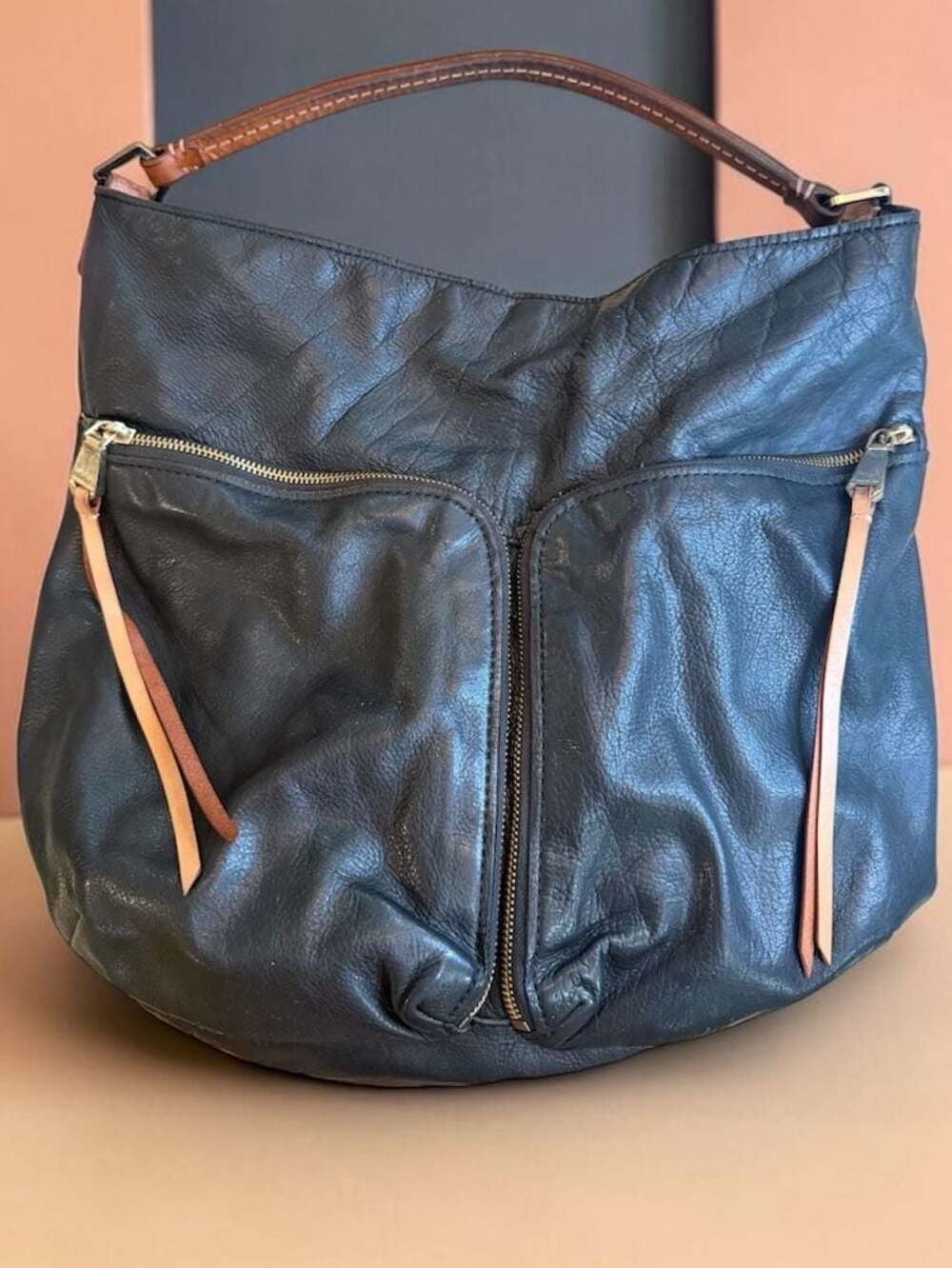 Christopher Kon Black Leather Hobo Bag with Front Zip Pockets